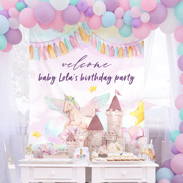 Unicorn Fairytale Castle Birthday Theme Backdrop for Girl Party 003-1